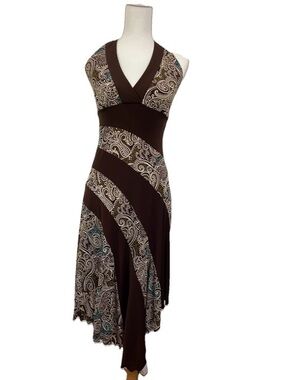 Y2K Paisley Halter Dress Asymmetrical Lettuce Hem Midi Fairy Vintage Babydoll